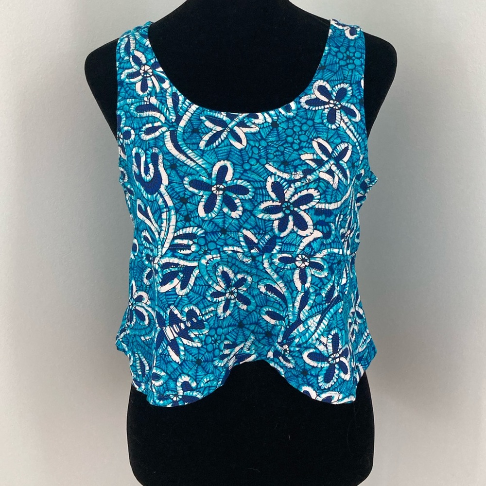 Ocean Pacific Vintage 1990s Cropped Tank Batik Print Turquoise Blue White Small